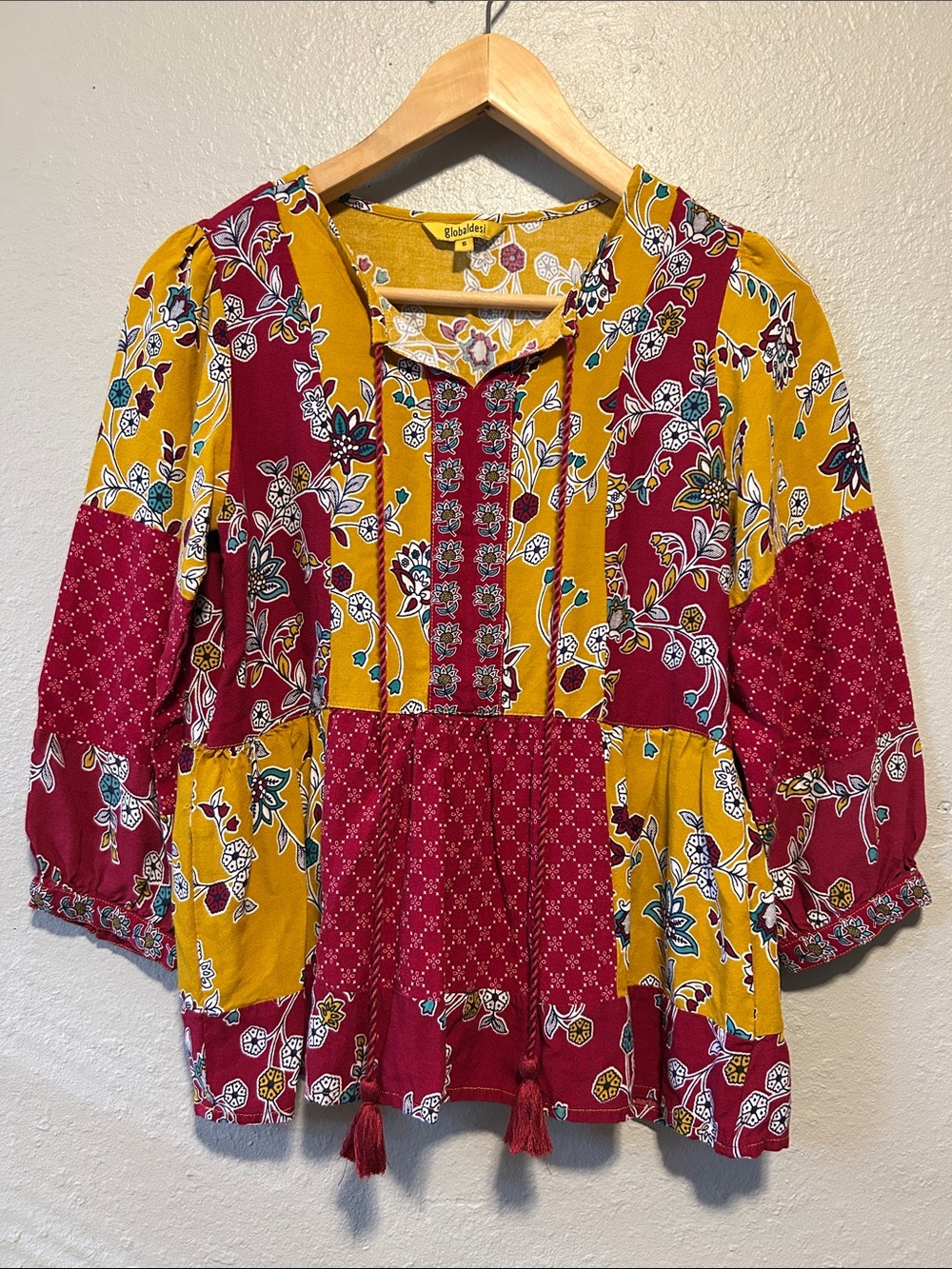 Global Desi Mustard & Burgundy Patchwork Tunic Top